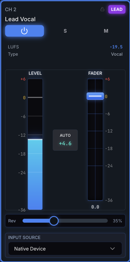 A channel strip showing its name, type badge, level meter, AUTO amount and fader