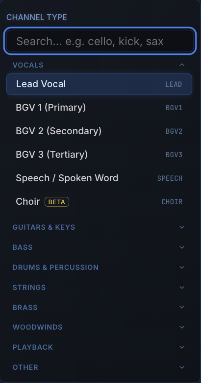 The channel type list, with a search box at the top and types grouped by family — Vocals, Guitars and Keys, Bass, Drums and Percussion, Strings, Brass, Woodwinds, Playback — with Lead Vocal selected