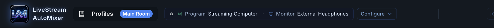The top bar showing the saved profile, Program and Monitor outputs, and Configure